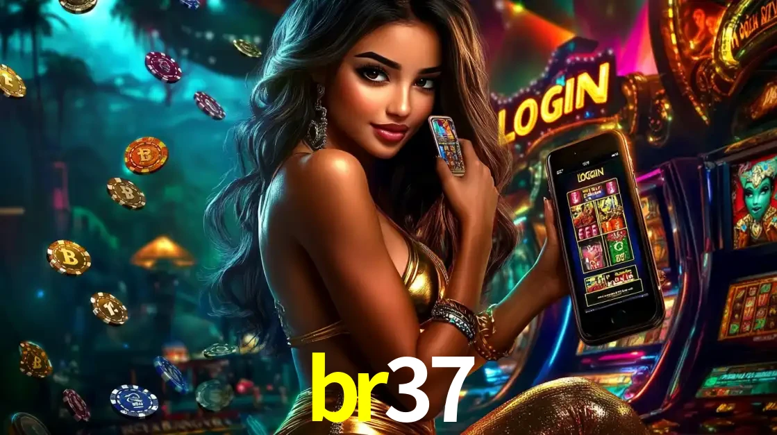 Mulher em um cenário de cassino temático de aventura, mostrando o app de caça-níqueis da br37 no celular. Fichas de apostas flutuam ao redor.