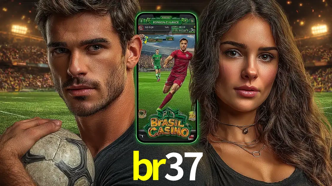 Homem segurando uma bola de futebol e uma mulher ao lado de um smartphone exibindo o jogo de apostas esportivas da br37. Faça seu palpite no cassino online.